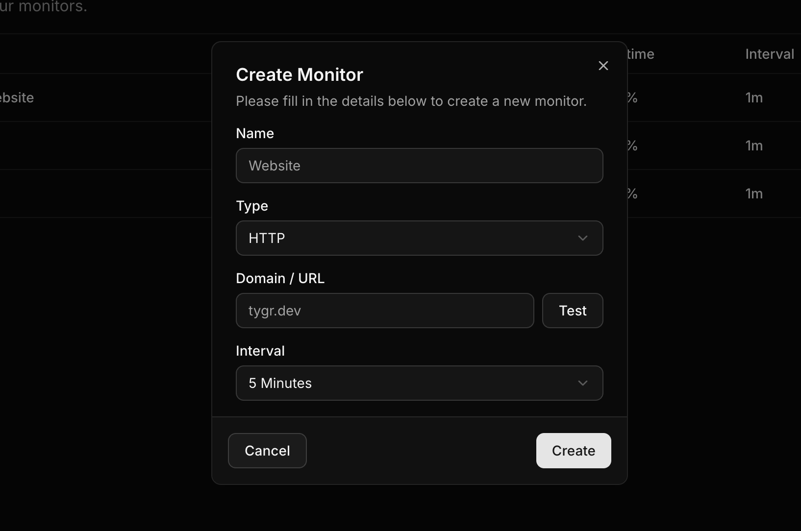 Monitor creation screen