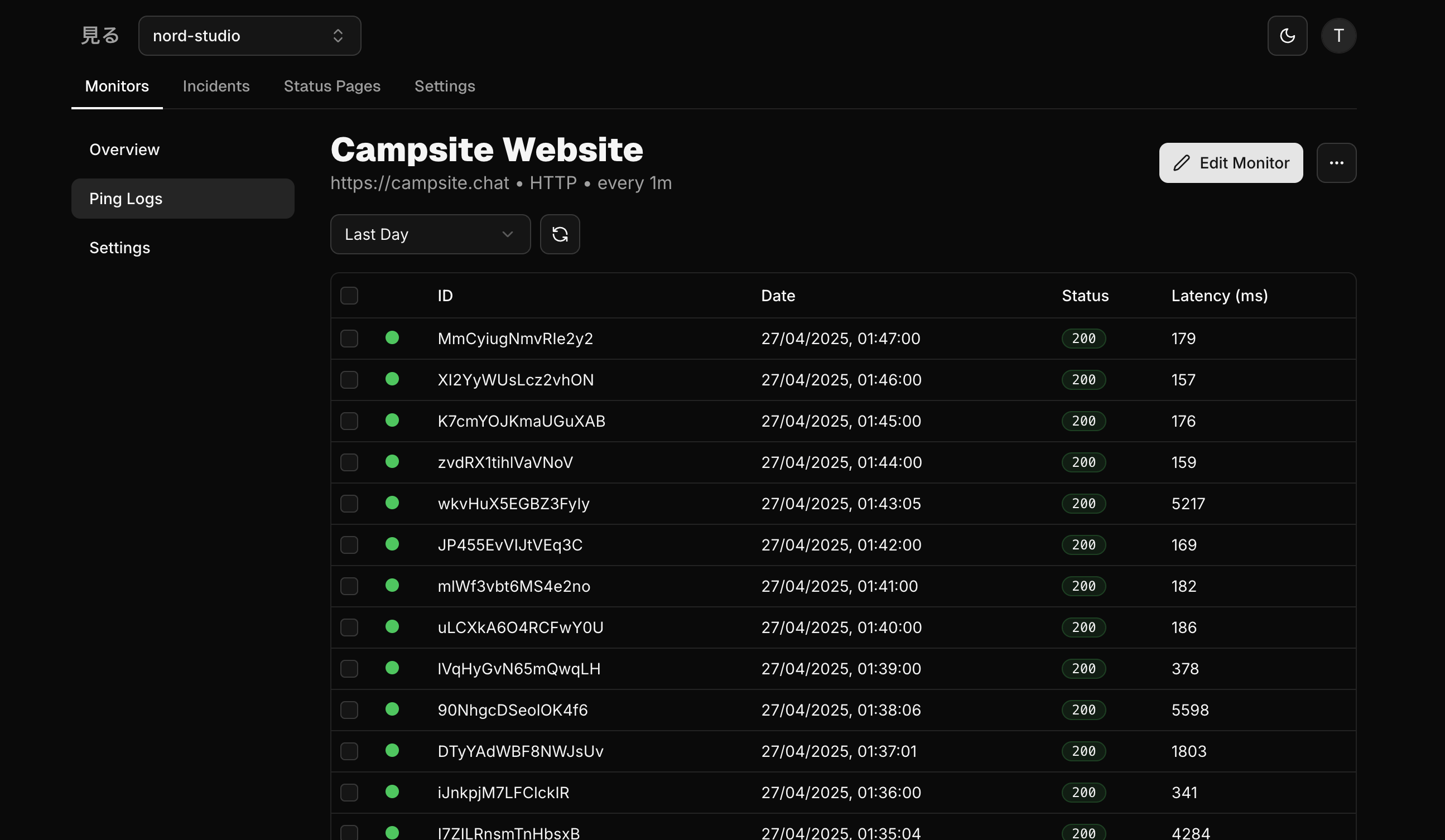 Monitor ping logs screen